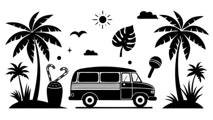 Stylized white cartoon van and candy canes on a black background
