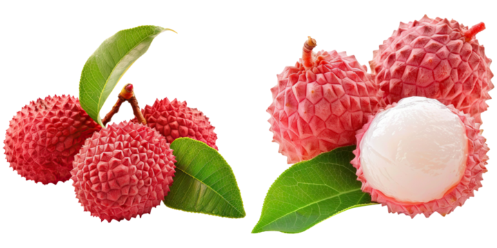 Fresh lychee fruits with spiky red skin and glossy green leaves, one peeled to reveal translucent white juicy flesh inside.