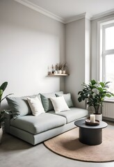 Modern minimalist living room with light colors and indoor plants for cozy and stylish decor