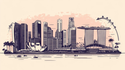 A line art vector illustration of Singapore city, showcasing all its famous buildings and landmarks. 