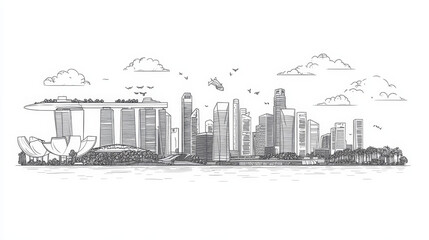 Obraz premium Singapore city skyline in line art style. A vector illustration featuring all the iconic and famous landmarks. 