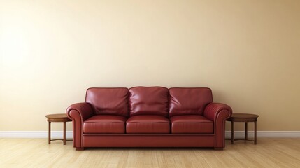Red leather sofa and side tables in a beige room.