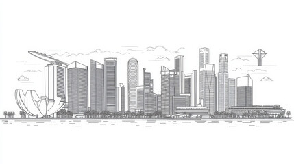 Singapore architecture line skyline illustration featuring a linear vector cityscape with iconic landmarks.
