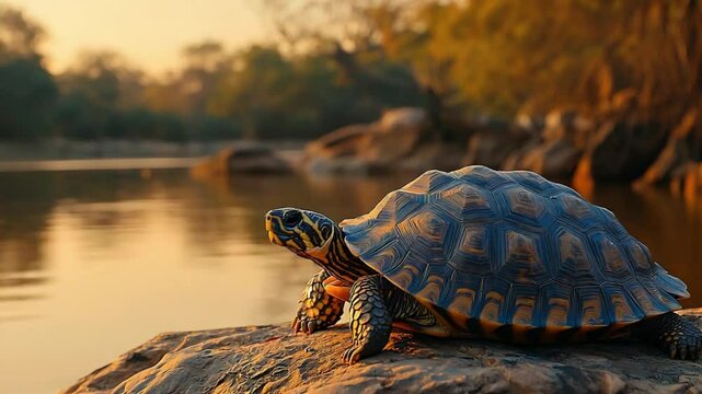 indian star tortoise close-up at chambal sunset video