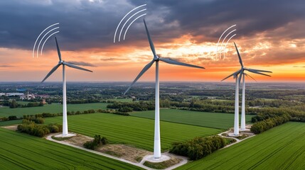 Obraz premium Expansive Wind Turbines at Sunset with Dynamic Skies and Green Fields