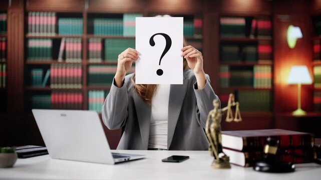 Lawyer Woman Holding Paper With Question Mark In Front Of Face At Desk