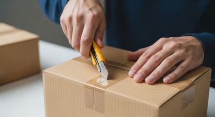 Hands opening a shipping box with a box cutter
