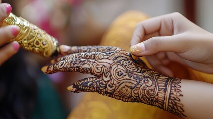 Hands receiving traditional henna designs with elaborate details applied