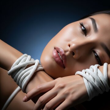 close up of a pretty asian woman enjoying shibari and kinbaku around her wrists in an artistic and sexy way, revealing the aesthetic bondage