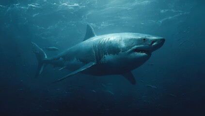 Obraz premium Majestic Great White Shark glides through deep ocean, a breathtaking underwater encounter.