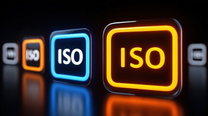 Vibrant ISO Buttons with Colorful Neon Lights in Dark Background