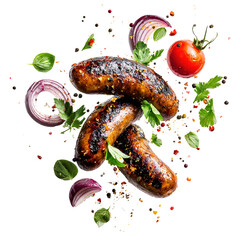 Grilled Sausages with Herbs and Spices in a Dynamic Composition on Black Backdrop