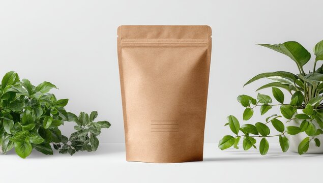 Kraft stand-up pouch with zipper, flanked by greenery against a white backdrop