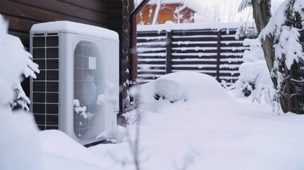 outdoor heatpump covered in snow