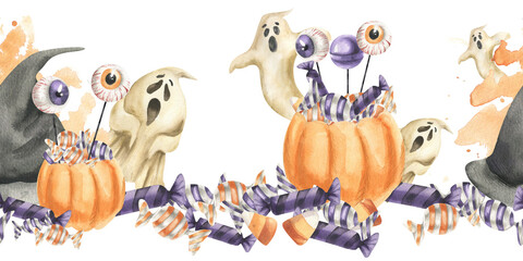 Naklejka premium Halloween purple and orange sweets, scary ghosts, witch black hat, jelly eyes watercolor seamless border. Hand drawn banner for kid's trick or treat party,October festive packing,textile design