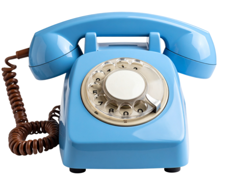 Classic 1970s Blue Rotary Telephone with Coiled Brown Cord, Front View, Isolated on Transparent Background