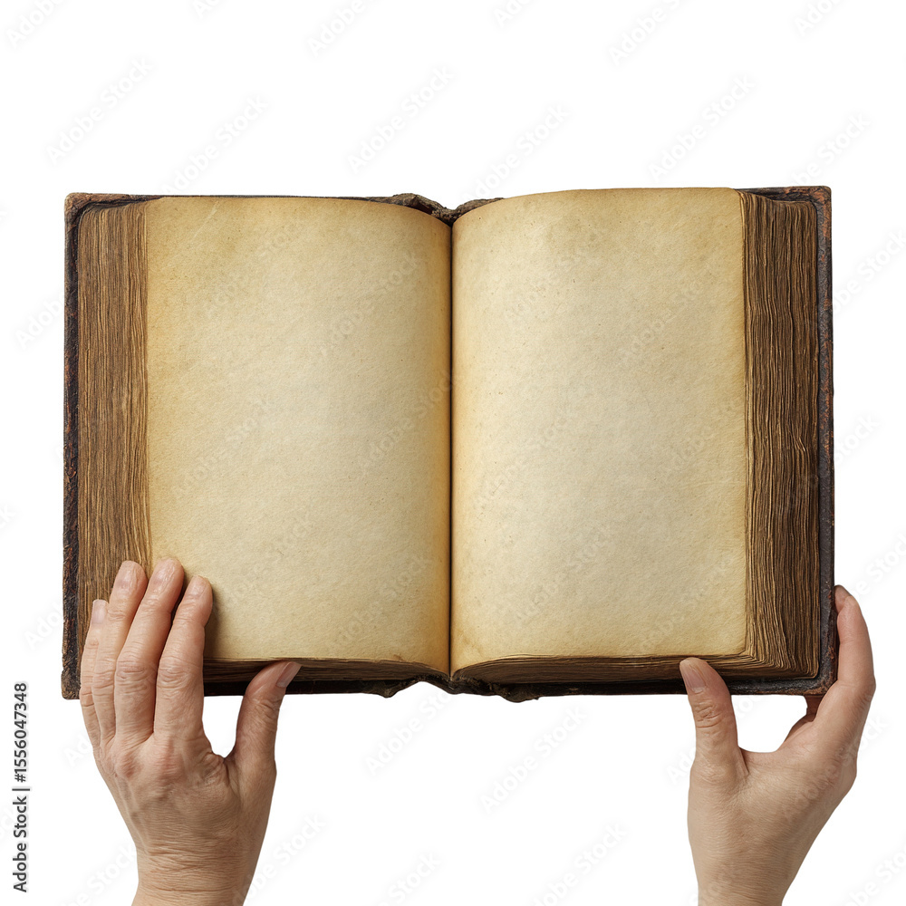Fototapete hands holding an old open book with aged pages for writing text and design
