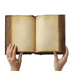 Hands holding an old open book with aged pages for writing text and design