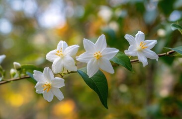 Delicate white flowers bloom on a branch, bathed in soft sunlight filtering through a blurred background of green and gold.
