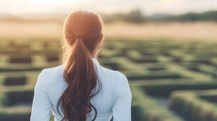 Woman facing a maze challenge, strategic decision, future path, business concept, problem solving,  finding solution,  way out,  goal setting,  career journey,  life choices