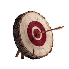 Target achievement concept: Wooden target with arrow hitting the bullseye isolated