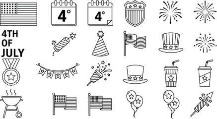 Fourth of july icons featuring american flags fireworks and celebratory party elements in line art