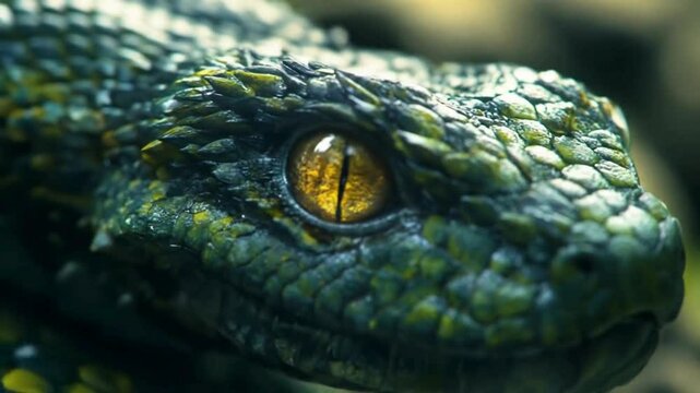Close-up of a Green Bush Viper with Golden Eye, Scales and Texture Detail