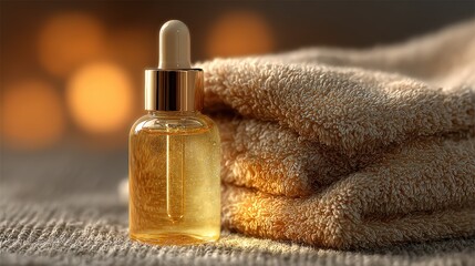 Glass dropper bottle with essential oil on soft towels background