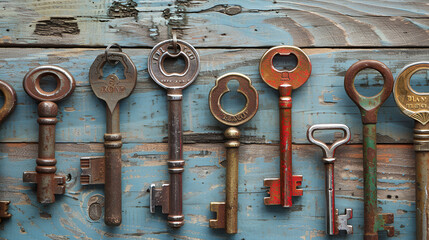 Antique keys are arranged on a blue, weathered wooden surface, featuring unique designs and vintage appeal for a nostalgic collection.