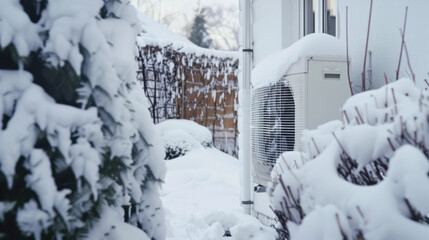 outdoor heatpump covered in snow