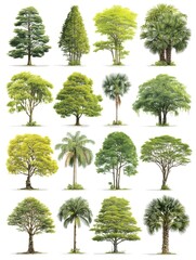 Fototapeta premium Variety of tree species showcases lush green foliage in an array of shapes and sizes, isolated on white.