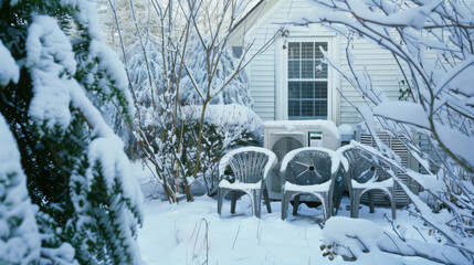 outdoor heatpump covered in snow