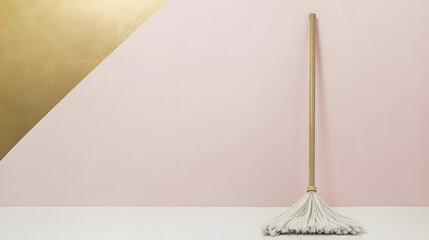 Minimalist Pink Gold Background with White Cotton Mop