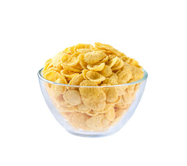 tasty corn flakes in a clear glass bowl isolated on a white background.