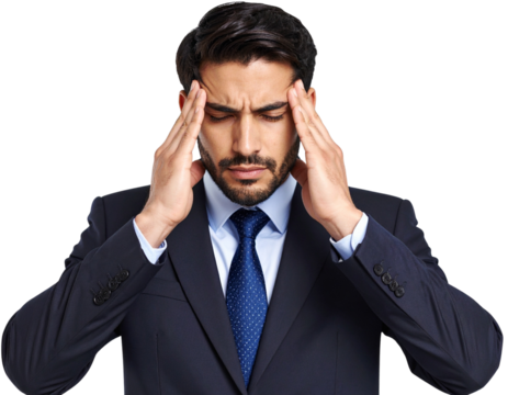Stressed Young Businessman in Suit with Worried Expression, isolated on transparent background PNG