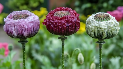 Three Stunning Opium Poppy Flowers Closeup