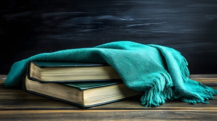 Teal Shawl Draped on Stacked Antique Books Dark Wooden Table