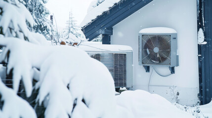 outdoor heatpump covered in snow
