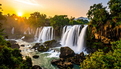 Fototapeta premium A waterfall cascades over ancient stone, soft morning light and a slow tilt-up shot