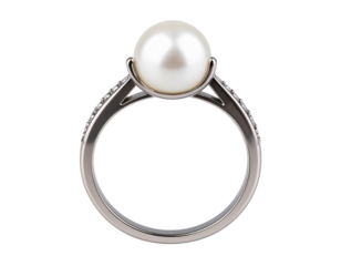 Elegant jewelry ring with white pearl and diamonds, isolated on transparent background PNG