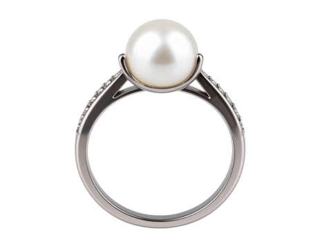 Elegant jewelry ring with white pearl and diamonds, isolated on transparent background PNG