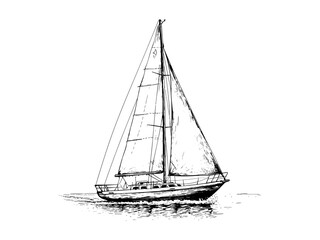 Vintage summer sailboat sketch, old engraving style nautical artwork, black line vacation decor, retro transport theme, hand-drawn yacht scene, sea adventure illustration,