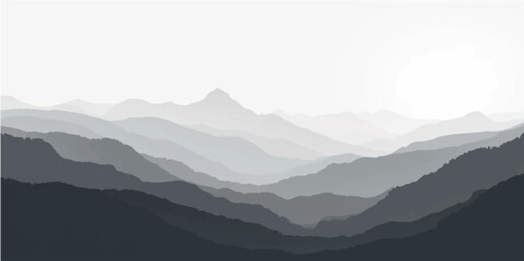 Abstract Misty Landscape Background with Distant Grey Layered Mountains

