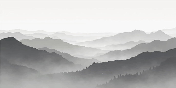 Monochrome Layered Mountain Landscape with Foggy Grey Horizon Background

