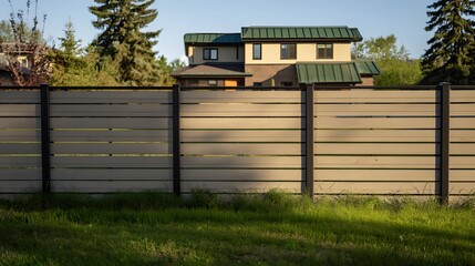 A taupe-colored wooden fence with horizontal slats and black metal framing