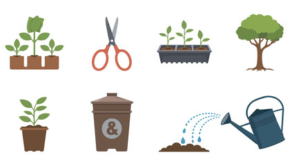 A vibrant vector set of gardening tools and icons for planting, growth, and new life in nature's garden