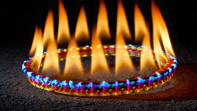 Colorful braided rope burning with bright flame creating dramatic fire effect on dark surface