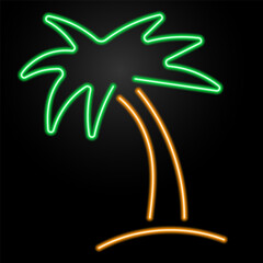 palm tree neon sign, modern glowing banner design, colorful modern design trend on black background. Vector illustration.