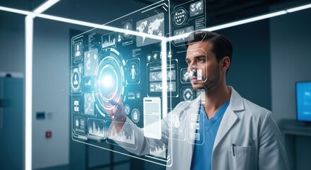 Doctor Interacts with Advanced Holographic Medical Interface Displaying Complex Biological Data and Global Health Metrics for Futuristic Healthcare Solutions