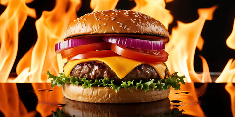 Flaming burger cooking over hot fire grill

